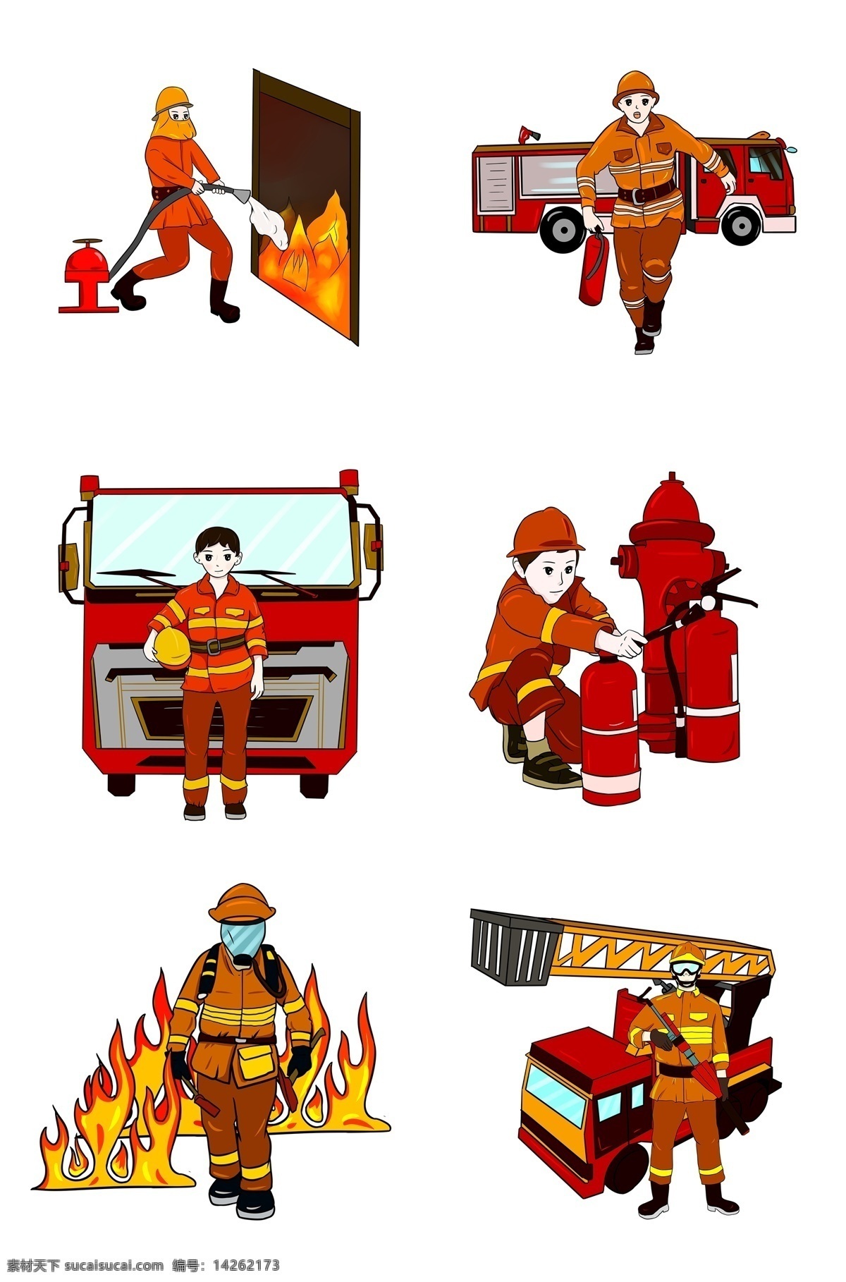 手绘 消防 套 图 插画 手绘消防插画 创意消防插画 消防知识普及 消防安全宣传 消防英雄 红色的灭火器