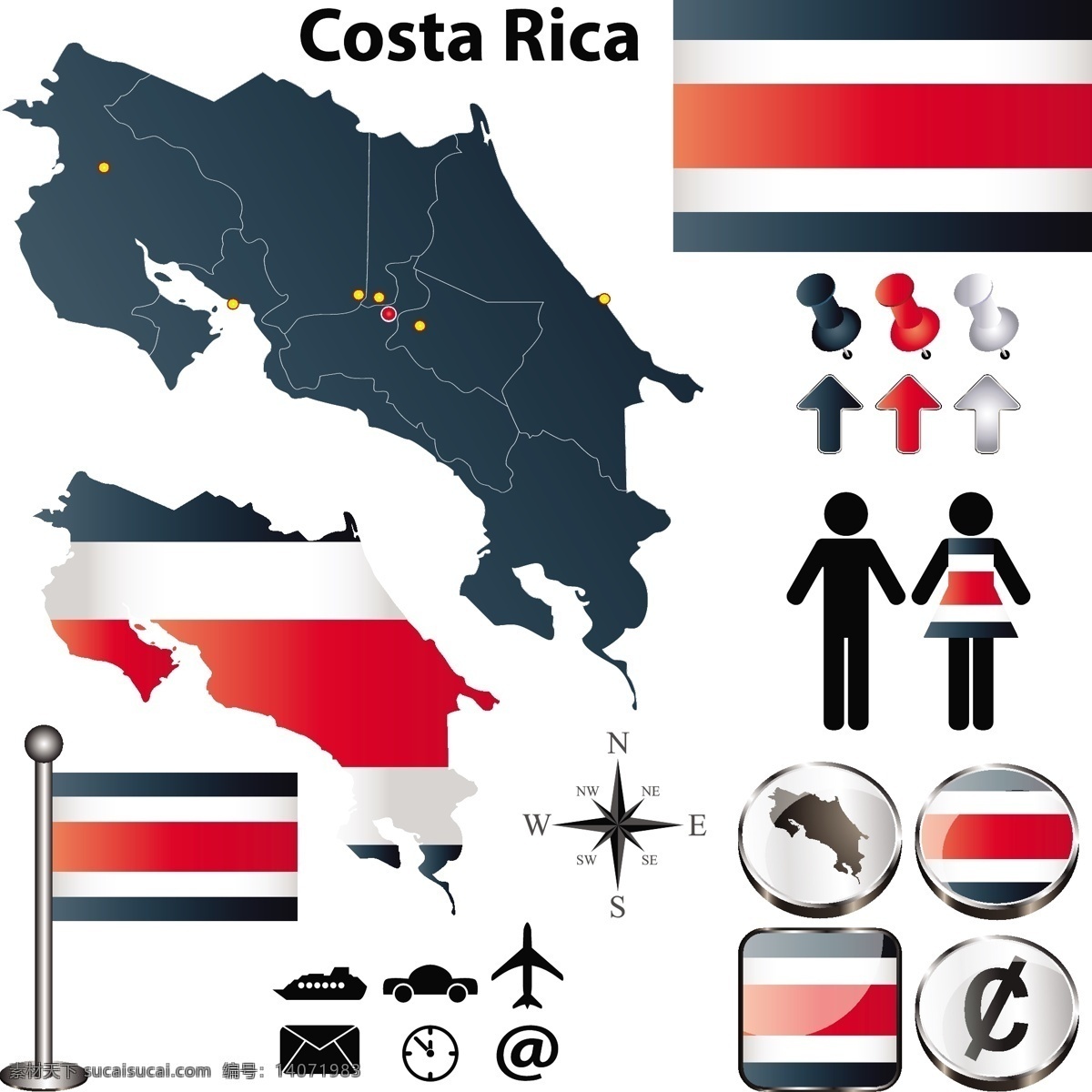 哥斯达黎加 地图 国旗 国徽 国旗图标 箭头 图钉 水晶按钮 空间环境 矢量素材 白色