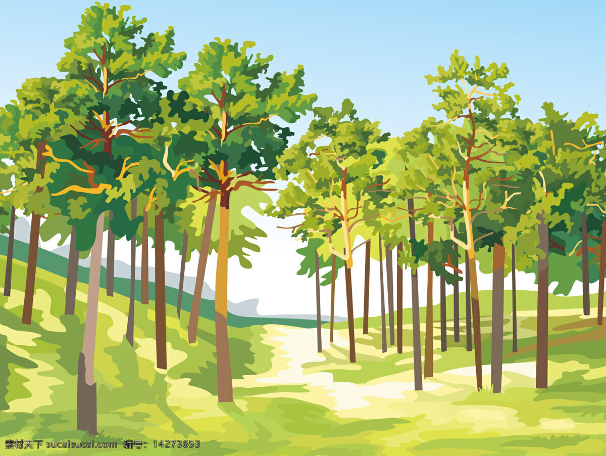 森林 风景 树木 阳光 叶子 插画集