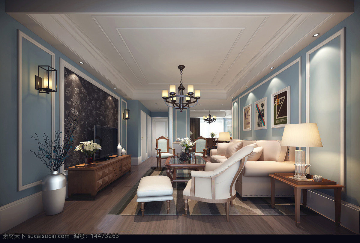 美式 清新 客厅 木制 四方 桌 室内装修 效果图 蓝灰色背景墙 客厅装修 木地板 吊扇