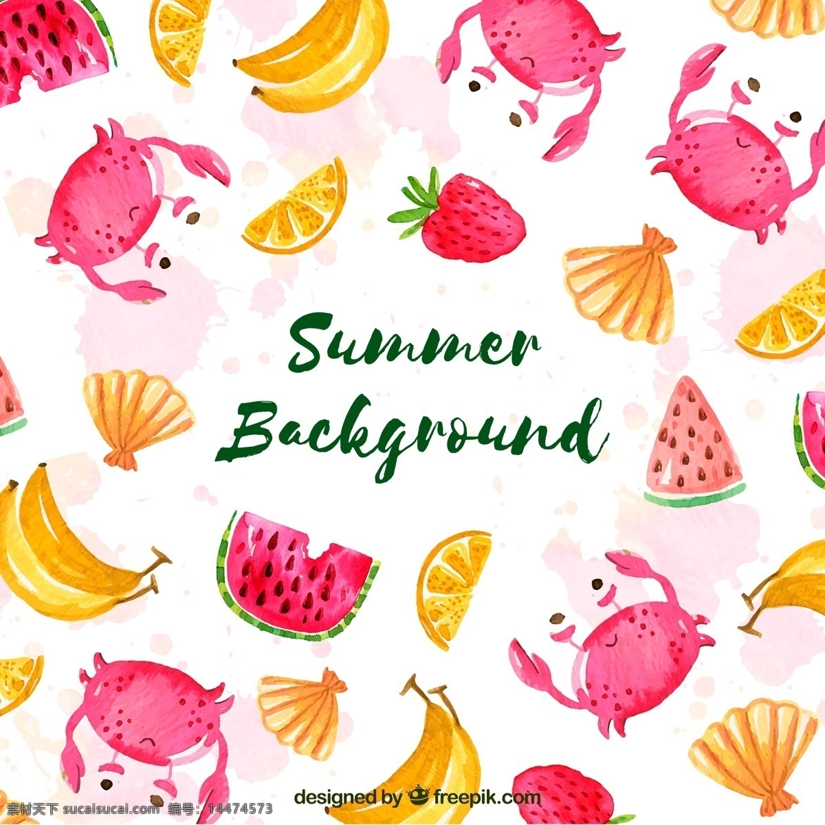 水彩 绘 夏季 螃蟹 水果 无缝 背景 水彩绘 香蕉 橙子 背景与底纹 底纹边框 背景底纹