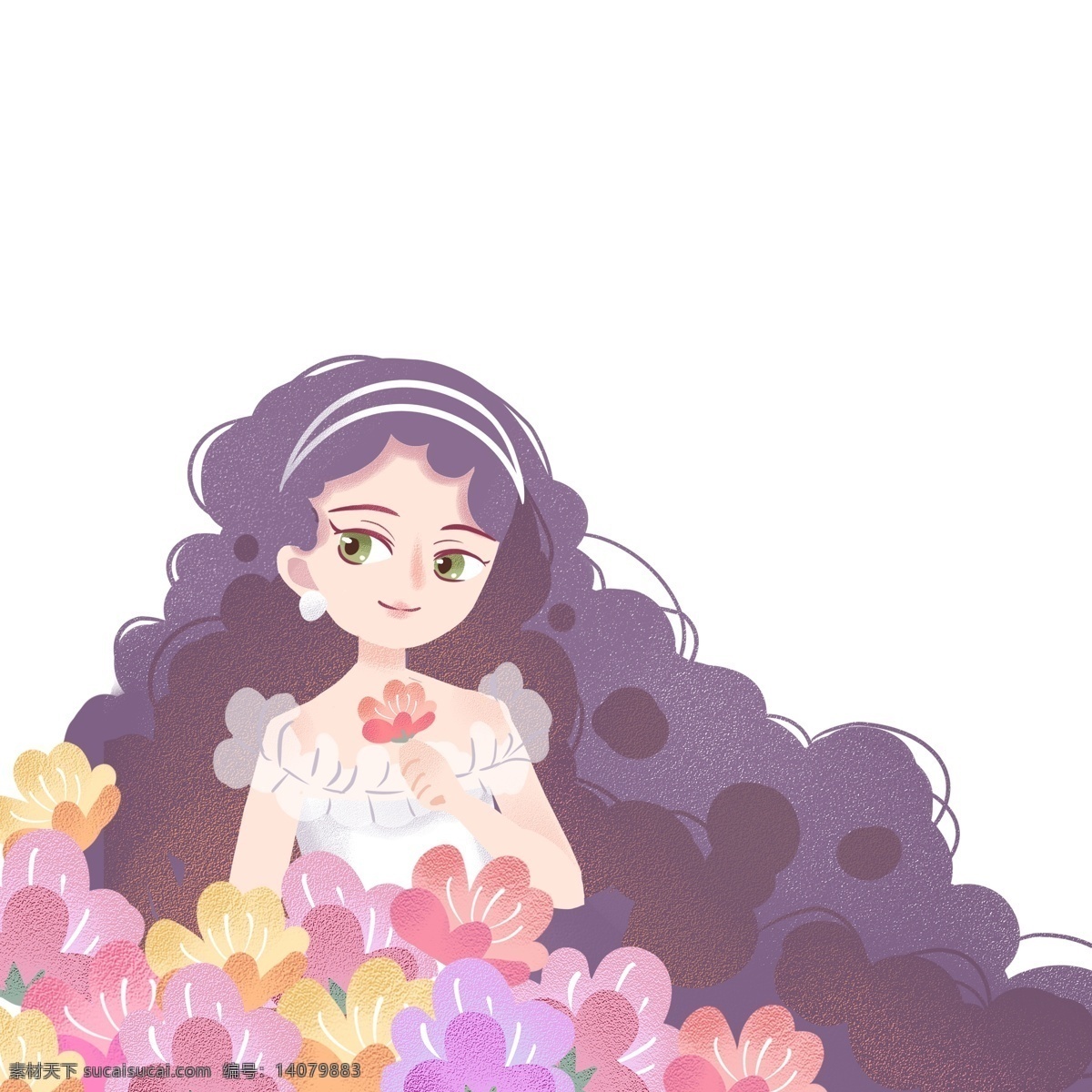 花丛 中 漂亮 紫色 头发 女孩 卡通 花 卷 仙女 花仙子