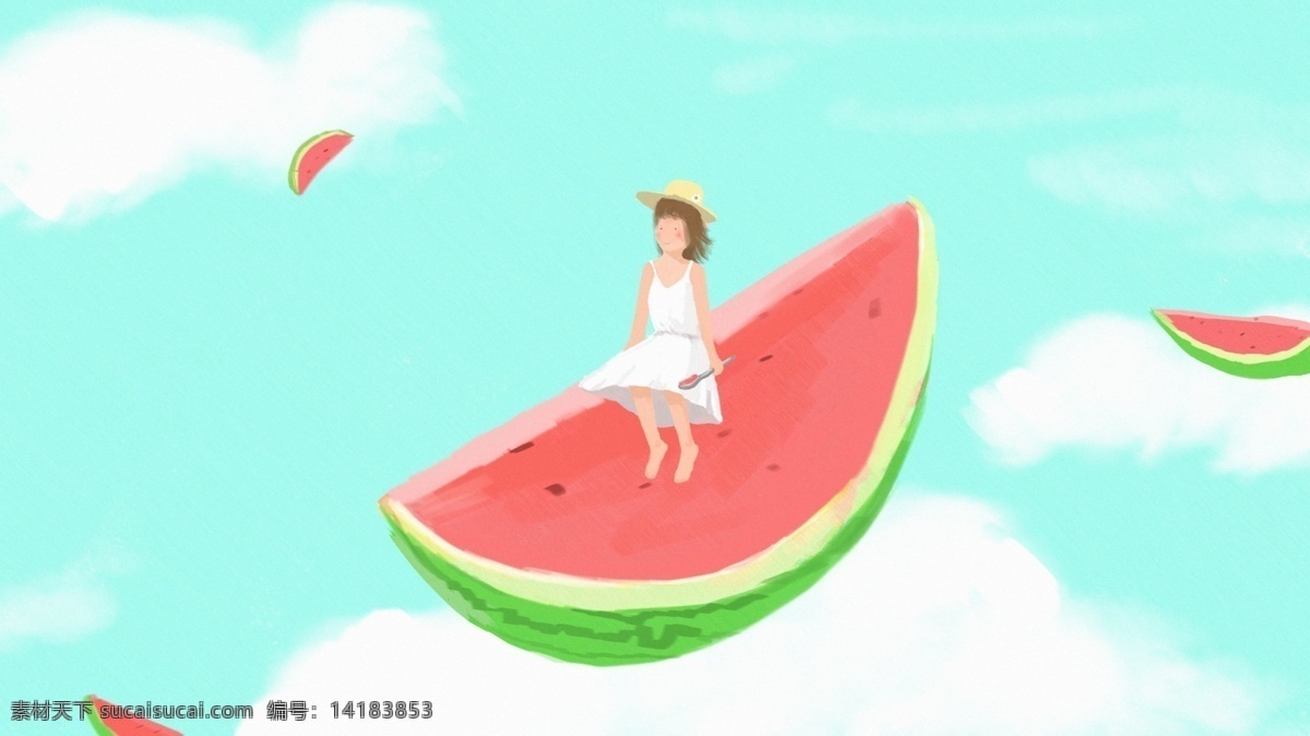 西瓜 女孩 小 清新 原创 插画 天空 夏季 夏日 红色 清晰 清爽 配图