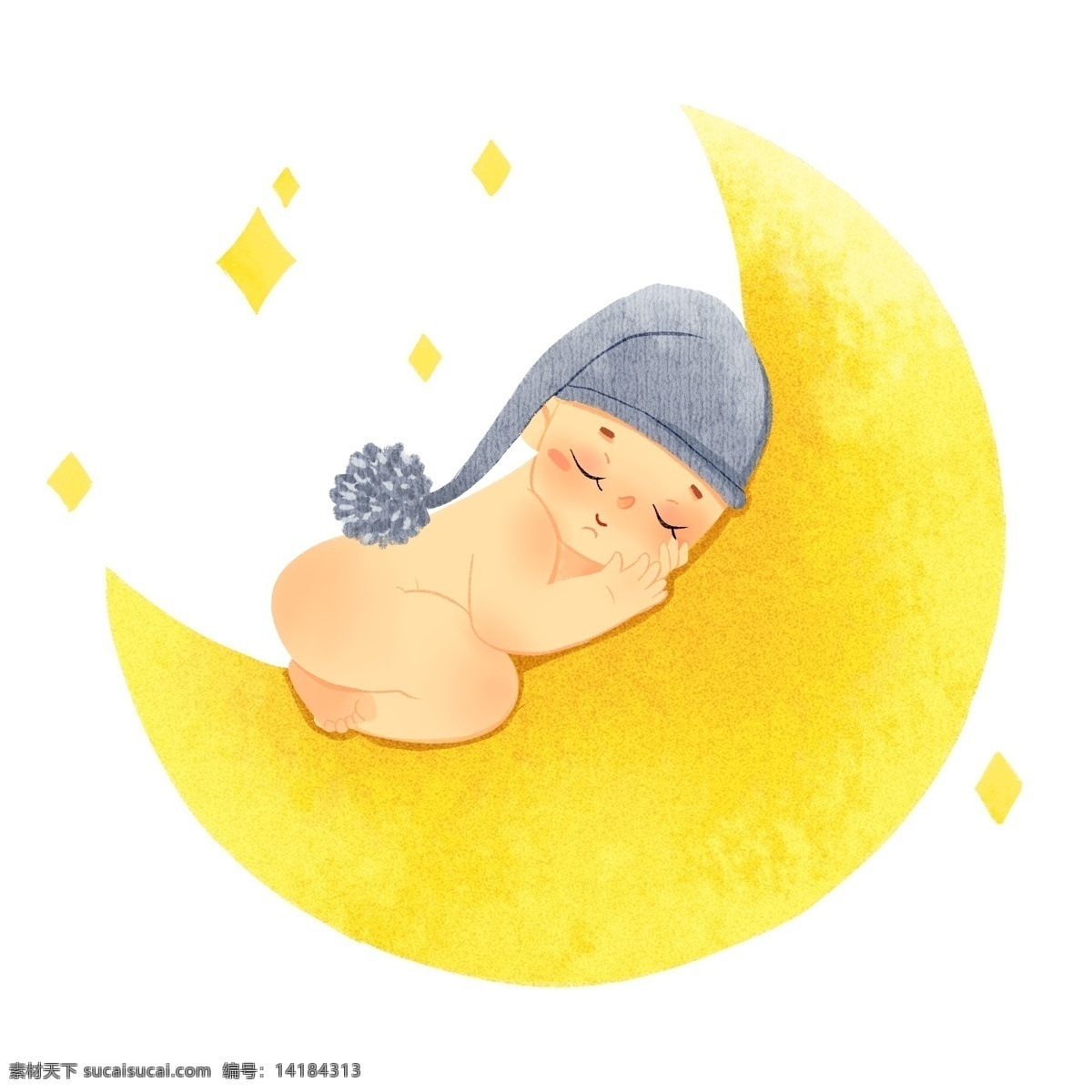 月亮 上 睡觉 婴儿 星星 黄色 小婴儿 小朋友 baby 闭眼睛 帽子 毛线帽 可爱 卡通 享受 舒服 舒适 人物
