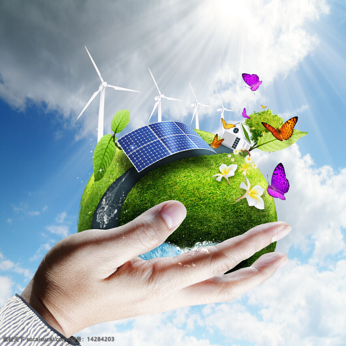 节能环保概念 手捧着的地球 风车 太阳能 地球环保 绿色环保 生态环保 节能环保 其他类别 生活百科 白色