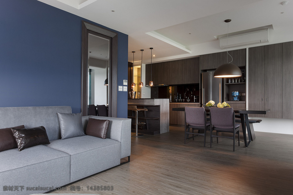 简约 客厅 浅蓝色 沙发 装修 效果图 方形吊顶 个性吊灯 浅色木地板 沙发蓝色背景