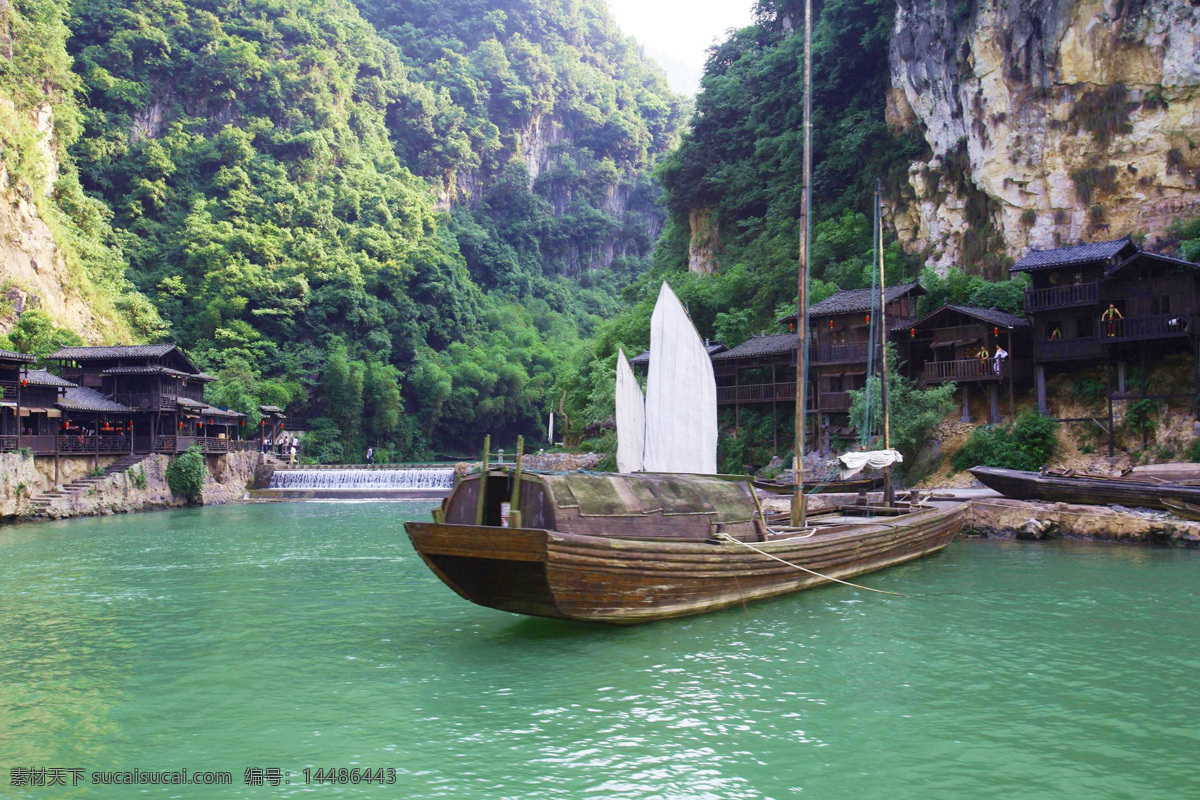 青山绿水 湖水 瀑布 吊脚楼 高山 山谷 森林 山林 游船 木船 古建筑 古迹 生态 自然 森林公园 自然风景 自然景观