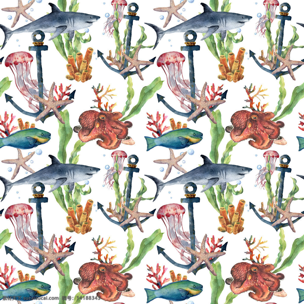 海洋 主题 插画 图案 海螺贝类 海洋生物 热带鱼群 水彩插画 海底世界 海洋生物插画 鱼群插画 装饰图案 水草植物插画