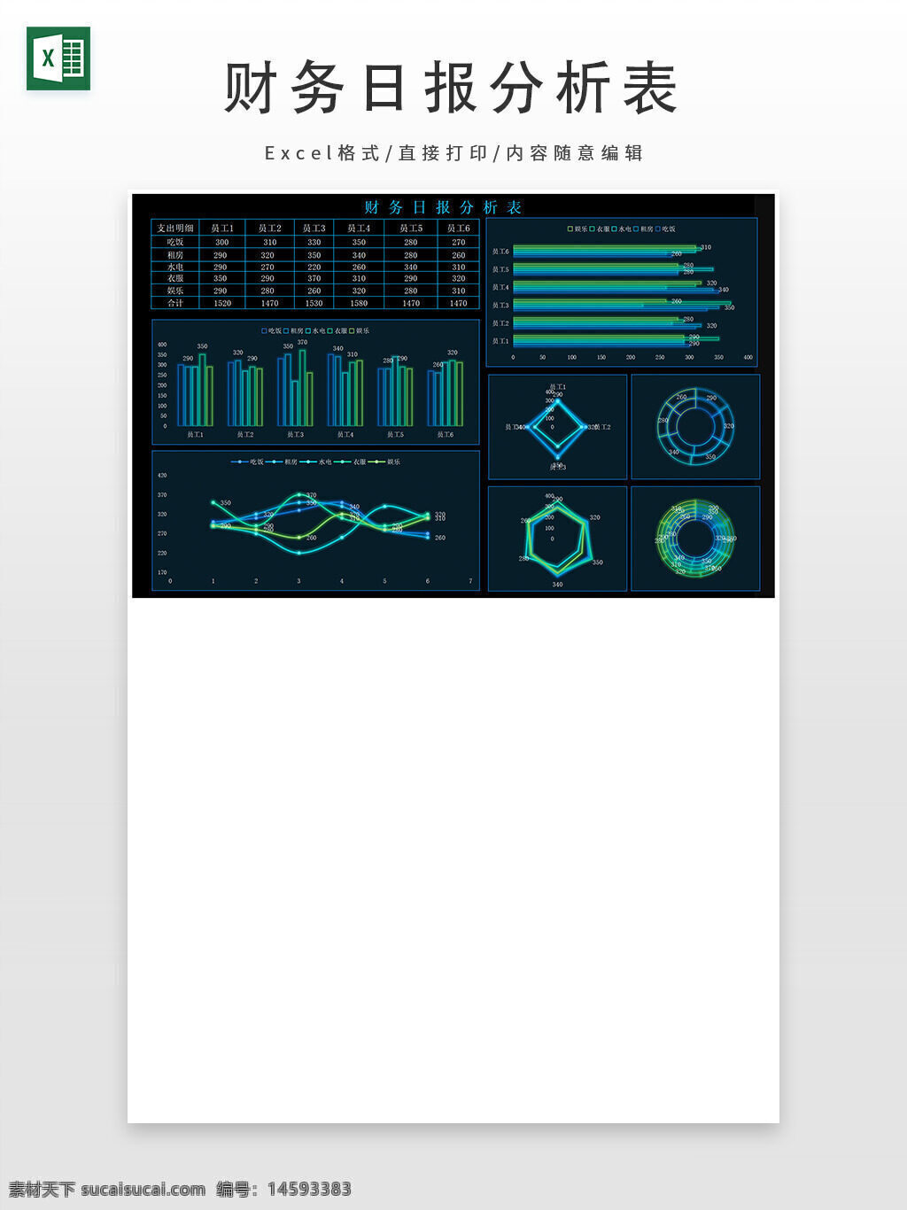 财务 日报 报表 分析 图表 数据 员工 支出 收入 财务分析 柱状图 折线图 雷达图 环形图 数据可视化 财务报表 工作 预算 支出分析