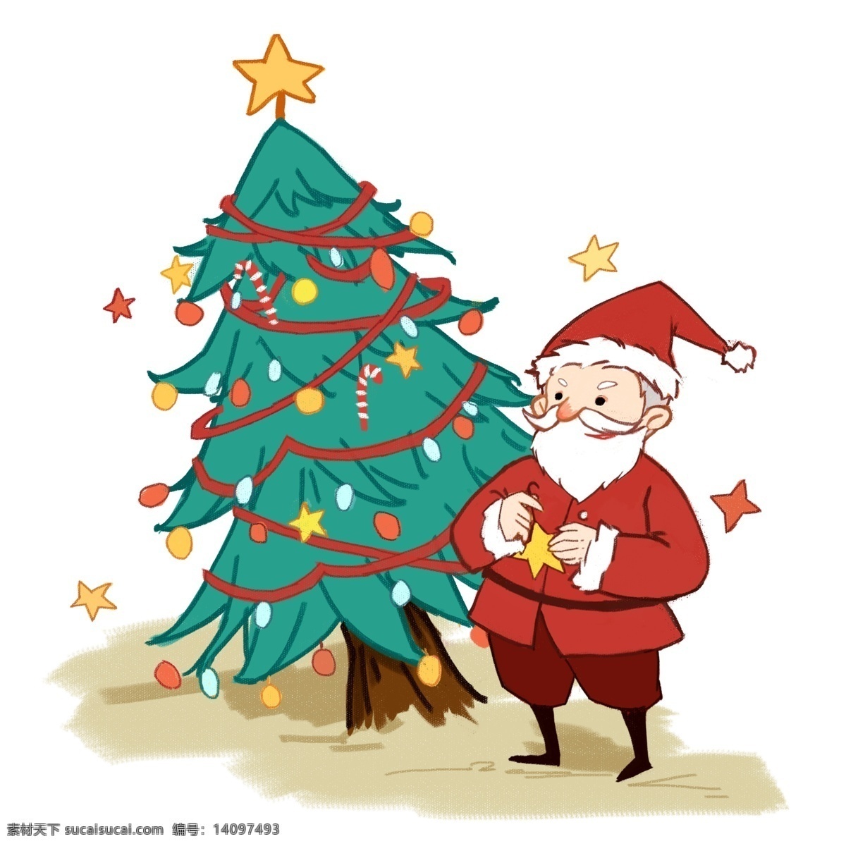 圣诞节 站 圣诞树 旁边 圣诞老人 圣诞 节日 男孩女孩系列 礼物 传统习俗 可爱 卡通风 童话风格 插画 壁纸 装饰画
