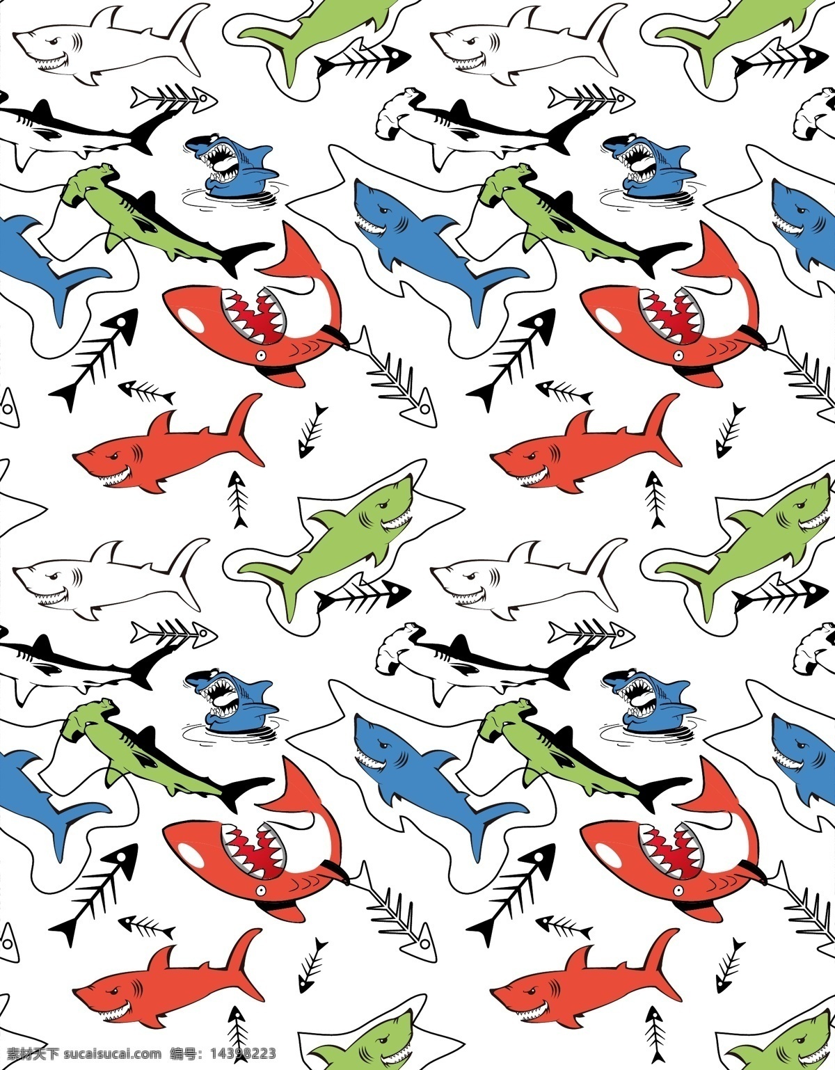 鲨鱼 海洋 鱼骨头 鲸鲨 大白鲨 可爱 男童图案 循环 图案一刻 生物世界 海洋生物