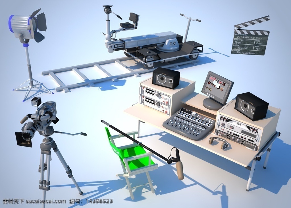 3d 电影 设备 模型 摄像机 三角架 灯光 灯具 移动摄像台 椅子 麦克风 调音台 音箱 编辑机 电脑 场记牌 三维模型 3d模型 3d素材 其他模型 3d设计模型 源文件 max